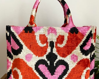 tote bag | ikat fabric tote bag | velvet large jute tote | silk velvet tote bag | handmade ikat bag | ikat pink tote bag | ikat tote bag