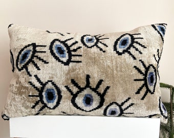 Ikat Eye Pillow Velvet Case Cover 16x24 Cream Cushion | Ikat Pillow | Ikat Pillow Cases | Ikat Pillow Covers | Throw Pillow