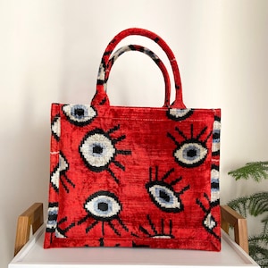 ikat eyes tote bag | velvet large jute tote | silk velvet tote bag | handmade ikat tote bag | ikat red tote bag | ikat red eyes tote bag