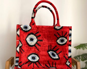 ikat eyes tote bag | velvet large jute tote | silk velvet tote bag | handmade ikat tote bag | ikat red tote bag | ikat red eyes tote bag