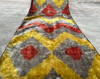 Ikat Velvet Fabric | Uzbek Fabric | Yellow Line Ikat Fabric | Geometric Velvet Fabric | Handwoven Uzbek Fabric | Silk Ikat Velvet Fabric