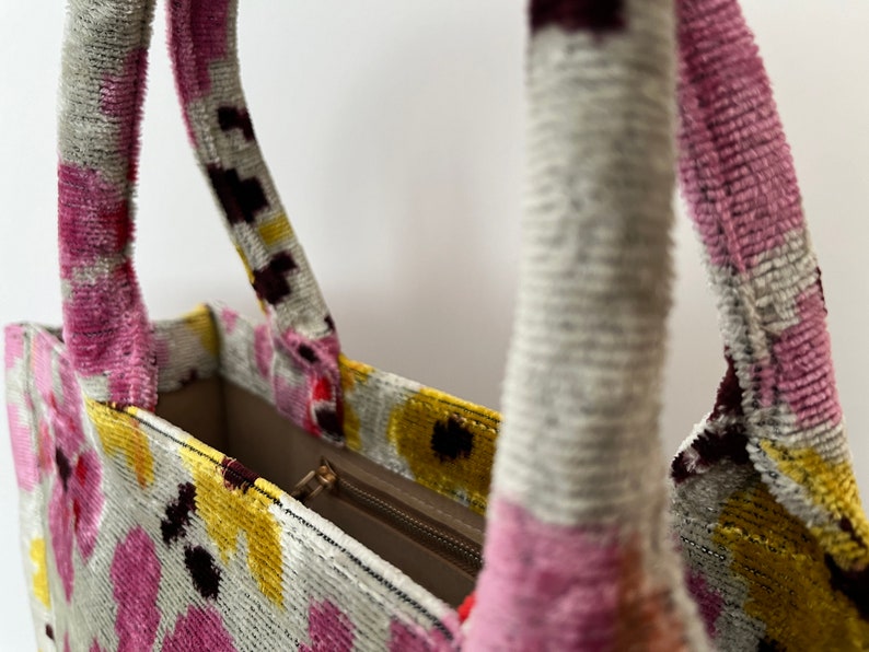 Flower Tote Bag, Velvet Large Jute Tote, Silk Velvet Tote Bag, Handmade Ikat Tote Bag, Ikat Tote Bag, Pink Flower Tote Bag