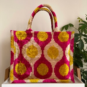 mothers day gift | tote bag | ikat fabric tote bag | velvet large jute tote bag | handmade bag | ikat pink tote bag | ikat tote bag