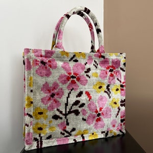 Flower Tote Bag, Velvet Large Jute Tote, Silk Velvet Tote Bag, Handmade Ikat Tote Bag, Ikat Tote Bag, Pink Flower Tote Bag