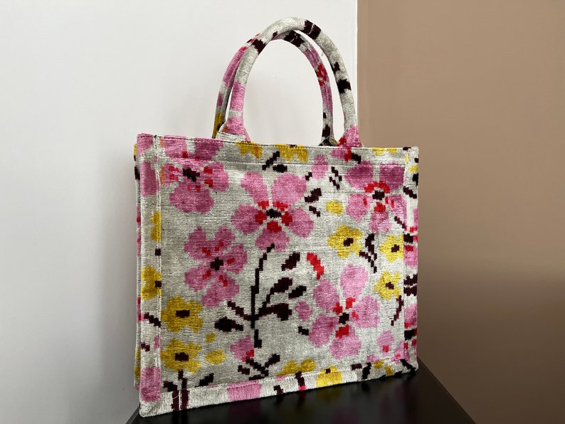 Flower Tote Bag, Velvet Large Jute Tote, Silk Velvet Tote Bag, Handmade Ikat Tote Bag, Ikat Tote Bag, Pink Flower Tote Bag