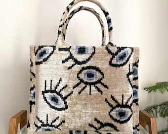 ikat eyes tote bag | velvet large jute tote | silk velvet tote bag | handmade ikat tote bag | ikat cream tote bag | ikat cream eyes tote bag