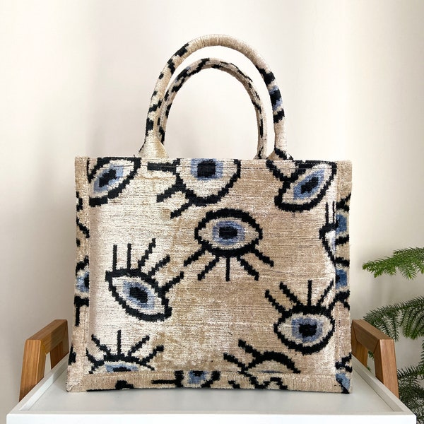 ikat eyes tote bag | velvet large jute tote | silk velvet tote bag | handmade ikat tote bag | ikat cream tote bag | ikat cream eyes tote bag