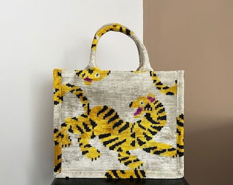 Tiger Tote Bag | Animal Velvet Large Jute Tote | Silk Velvet Tote Bag | Handmade Ikat Tote Bag | Ikat Tote Bag |