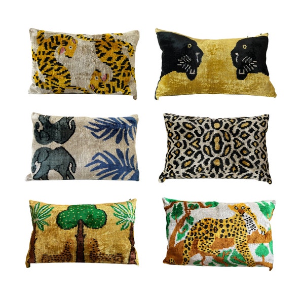 Ikat Animal Pillow Tiger Panther Velvet Cover Silk Leopard Elephant, Cadeau pour maman, Cadeau du jour de Noël, Cadeau personnalisé