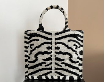 Black White Tote Bag | Velvet Large Jute Tote | Silk Velvet Tote Bag | Handmade Ikat Tote Bag | Ikat Tote Bag |