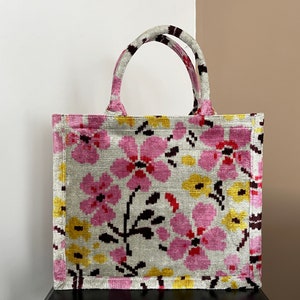Flower Tote Bag, Velvet Large Jute Tote, Silk Velvet Tote Bag, Handmade Ikat Tote Bag, Ikat Tote Bag, Pink Flower Tote Bag