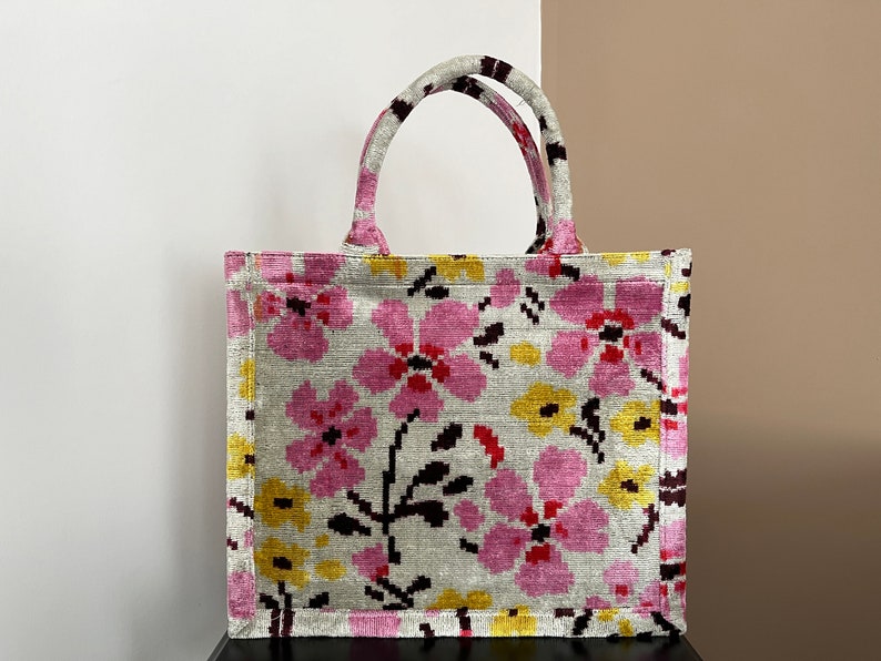 Flower Tote Bag, Velvet Large Jute Tote, Silk Velvet Tote Bag, Handmade Ikat Tote Bag, Ikat Tote Bag, Pink Flower Tote Bag