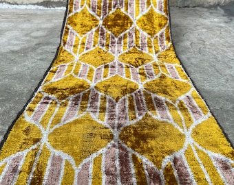 Ikat Velvet Fabric | Uzbek Fabric | Yellow Line Ikat Fabric | Geometric Velvet Fabric | Handwoven Uzbek Fabric | Silk Ikat Velvet Fabric