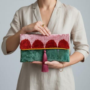 Colorful Rainbow Handwoven Silk Velvet Ikat Animal Print Clutch Bag | Uzbek Geometric Pattern Evening Handbag
