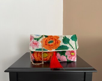 Ikat Rose Clutch-Tasche | Clutch-Tasche | Abendtasche | Ikat-Tasche | Seiden-Clutch-Tasche | Minitasche | Ikat Handtasche | Damentasche | Damen-Clutch-Tasche