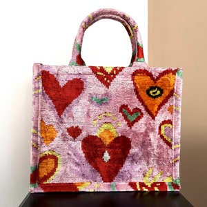 Heart Tote Bag | Velvet Large Jute Tote | Silk Velvet Tote Bag | Handmade Ikat Tote Bag | Ikat Tote Bag |