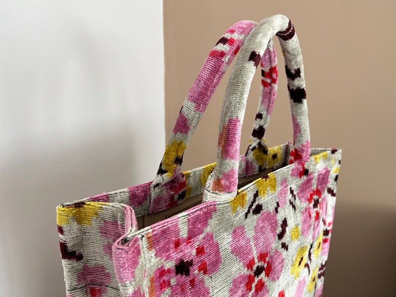 Flower Tote Bag, Velvet Large Jute Tote, Silk Velvet Tote Bag, Handmade Ikat Tote Bag, Ikat Tote Bag, Pink Flower Tote Bag