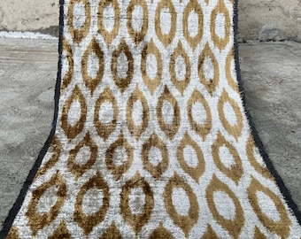 Ikat Velvet Fabric | Uzbek Fabric | Yellow Line Ikat Fabric | Geometric Velvet Fabric | Handwoven Uzbek Fabric | Silk Ikat Velvet Fabric