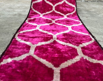 Ikat-sammetstyg | Uzbekiskt tyg | Rosa linje-ikat-tyg | Geometriskt sammetstyg | Handvävt uzbekiskt tyg | Silkes-ikat-sammetstyg