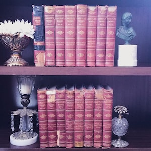 COMPLETE Works Of Thomas Carlyle Antique Decorative Book Set 16 Volume Red Leather Gold Gilt Library Vintage Volumes Office Case Decor