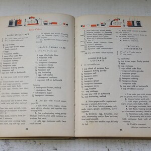 May include: Open vintage cookbook pages with recipes for spice cakes and gingerbread. The pages are yellowed with age, and the text is in black. Decorative illustrations of kitchen items are at the top of the pages.