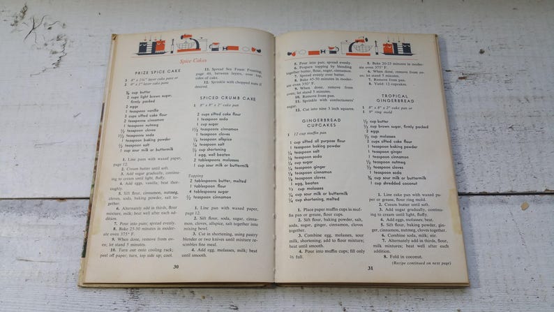 May include: Open vintage cookbook pages with recipes for spice cakes and gingerbread. The pages are yellowed with age, and the text is in black. Decorative illustrations of kitchen items are at the top of the pages.