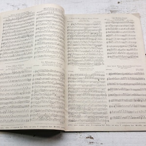 May include: Open book of vintage sheet music with musical notation. Titles include "Two Blue Eyes", "In Monkey Land", and "I Want To Be A Merry Merry Widow". The pages are yellowed with age, and the text is printed in black ink.
