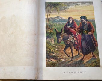 1870s The Life of Our Lord & Savior Jesus Christ Antique Giant Illustrated Bible History Fleetwood Leather Book Religious Worn Holy Gospel