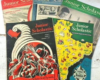 LOT 5 Junior Scholastic Magazine Vintage Illustrated Children's Book Bedtime Reading Kid Activity Tales Nursery Antique Boys Girls Education