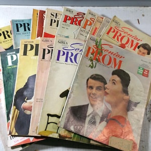 May include: A collection of vintage magazines with titles like "Senior Prom" and "Senior PI". The covers feature illustrations of young people, with text in red, blue, and green. Some magazines have the text "Girls" and "The Teen Girl".