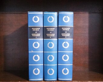 Set 1954 Henrik Ibsen Samlede Verker Norweign Blue Book Set Vintage Decorative Gold Shelf Library Novel Story Read Color by Foot Midcentury