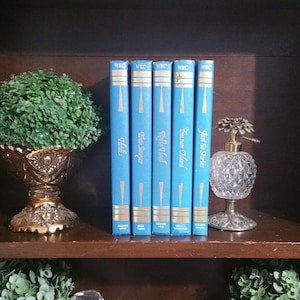 May include: A shelf displays five vintage books with light blue covers and gold lettering. Titles include "Huck," "Tom Sawyer," "Robin Hood," "Treasure Island," and "Just So Stories." A decorative glass perfume bottle and a gold-toned planter with greenery are also present.