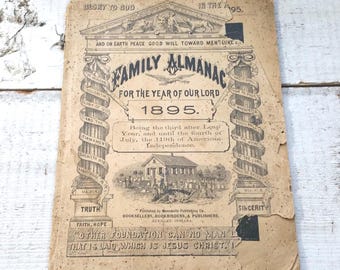 1895 Almanacco di famiglia antico Vecchia casa editrice mennonita Indiana Religione Annunci Calendario funzionante Luna Effimera invecchiato Vintage