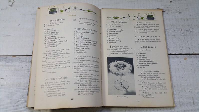 May include: Open vintage cookbook pages featuring pudding recipes. The pages are aged with visible wear and tear. The recipes include Rice Pudding, Bread Pudding, and Light Ending. A black and white photo of a dessert is included.