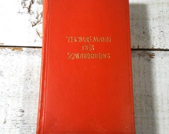 Livro de 1929 "Der Zauberberg" em couro laranja, alemão, antigo, Thomas Manns Read Library, decorativo, vintage, literatura, romance, Montanha Mágica