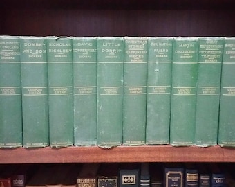 Antique Green Book Set by Charles Dickens Landport Edition 1920s 10 Volumes Gold Gilt Novel Decor Distress