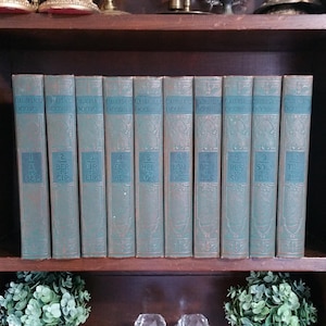 Complete 1928 Colliers New Encyclopedia Set Vintage Green Decorative Book 10 Volumes Anniversary Antique Office Case Shelf Decor Library
