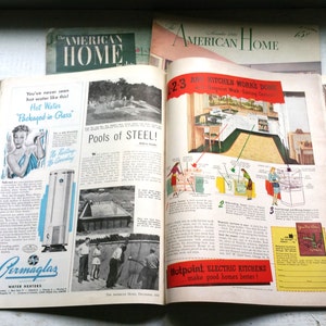 May include: A magazine cover for The American Home, December 1948, featuring a photo of a swimming pool with the text "Pools of Steel!" and an advertisement for Permaglas Water Heaters. The magazine also features an article about Hotpoint Electric Kitchens with the text "1-2-3 And Kitchen Works Done!" and "Hotpoint Work-Saving Centers make good homes better!"