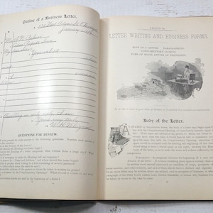 1899 Veinte lecciones sobre redacción de cartas y formularios comerciales Oficina antigua Enseñar Aprender Escritura de secretaria vintage Leer factura de cheques antiguos ilustrados
