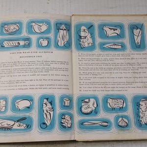 May include: An open vintage instructional booklet for Wear-Ever Aluminum household foil. The pages feature blue and black illustrations of various food items and kitchen tools, accompanied by numbered lists of tips and usage instructions in English.
