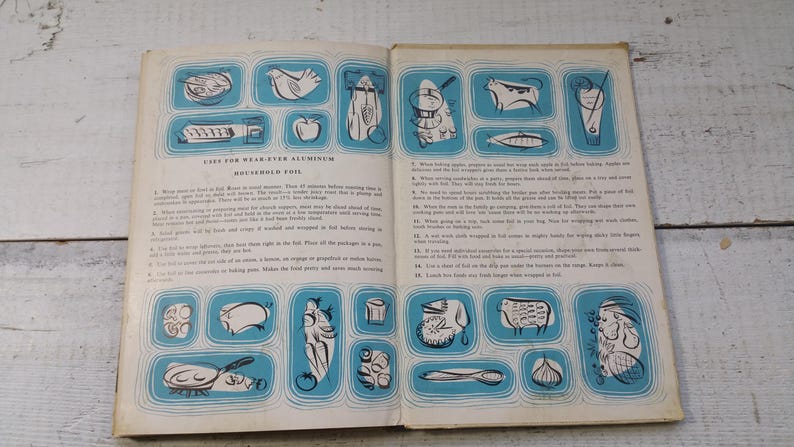 May include: An open vintage instructional booklet for Wear-Ever Aluminum household foil. The pages feature blue and black illustrations of various food items and kitchen tools, accompanied by numbered lists of tips and usage instructions in English.