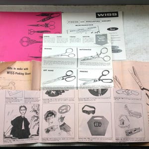 May include: A collection of vintage sewing tools and patterns. The image features Wiss pinking shears, sewing scissors, and various pattern illustrations. The color palette includes pink, white, and black, with text highlighting different types of shears and their uses.