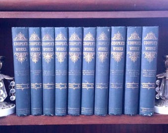 Conjunto completo das obras de James Fenimore, de Cooper, de 1892. Edição vintage em volumes decorativos. Histórias ilustradas de uma antiga biblioteca/escritório.