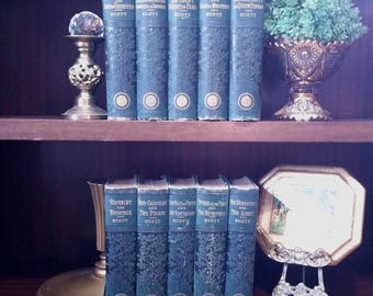 Conjunto de livros antigos Waverly Novels de Walter Scott, 10 volumes, decoração de livros, estilo europeu Dark Academia, ornamentado com detalhes em dourado, para escritório ou biblioteca.