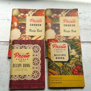 May include: Four vintage Presto Cooker recipe books with colorful covers featuring various vegetables and fruits. The books are titled "Presto Cooker Recipe Book" and include model numbers '40' and '60'.