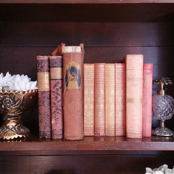 Choice Pink Salmon Coral Antique Decorative Book Set Gold Gilt Old Library Vintage Office Novel Story Reading Lot Stack Home Color by Foot