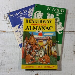 Lot 3 Almanacs Vintage Old Presidents Advertisements Issues Calendar Laws Schools Postal Sports Election Facts Goltz Pharmacy NARD IL Herb
