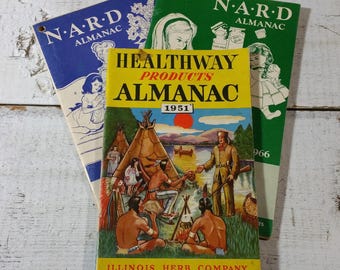 Lote com 3 almanaques antigos: anúncios de presidentes antigos, edições, calendário, leis, escolas, correios, esportes, eleições, fatos, farmácia Goltz, NARD IL, ervas.