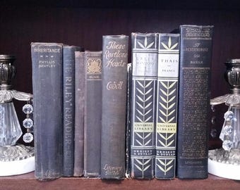 Choice Black Faded Antique Decorative Book Gold Gilt Old Library Vintage Office Novel Story Read Lot Stack Home Color by Foot Set Academia