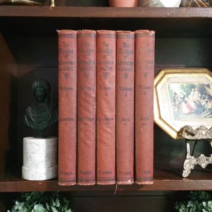 1923 Outline of Literature and Art Complete Red Book Set 5 Volumes Antique Decorative Lot Decor Novel Old Aged Vintage History Culture Paint